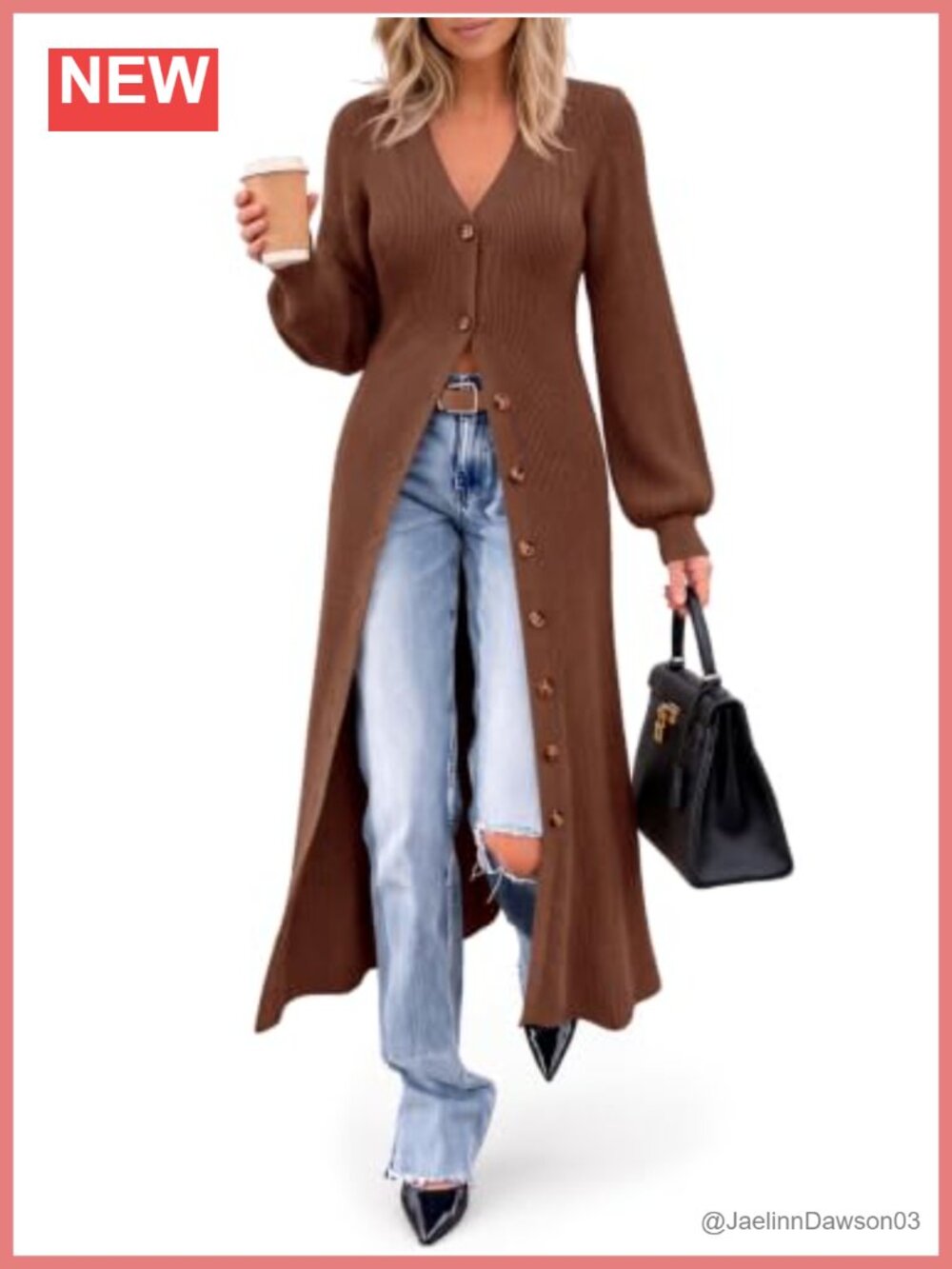 V neck long cardigan button up knit maxi sweater dress